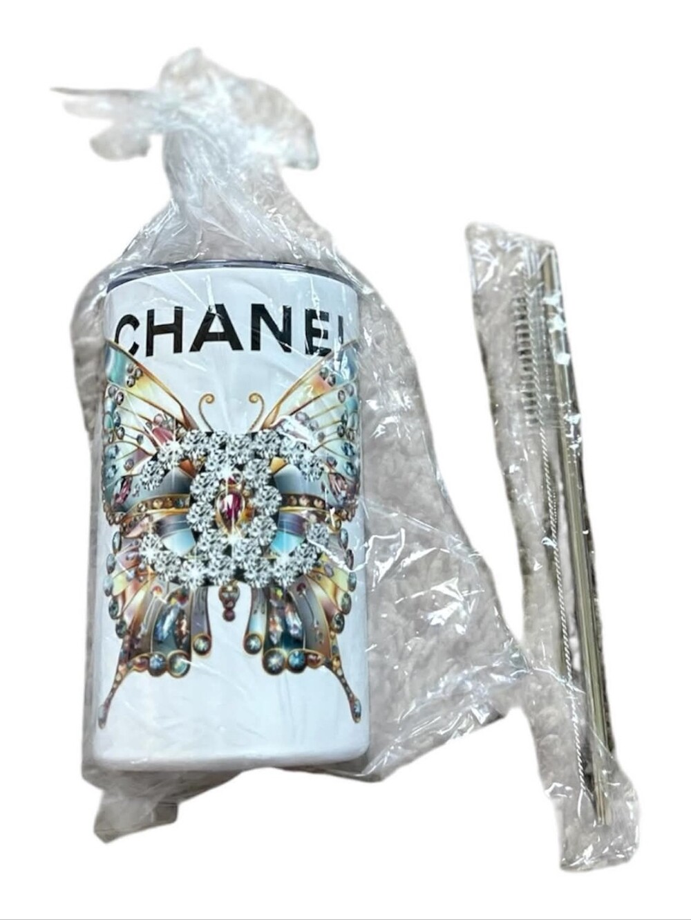Inspired CHANEL White Butterfly Crystal Ceramic Tumbler